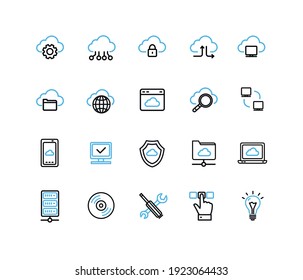 Cloud Computing Sign Black and Blue Thin Line Icon Set Include of Telephone and Document. Vector illustration of Icons