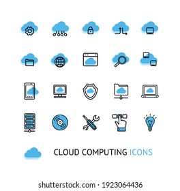 Cloud Computing Sign Thin Line Icon Set Include of Pc and Folder. Vector illustration of Icons
