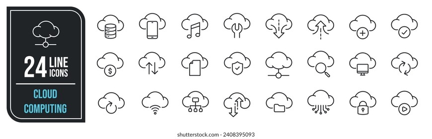 Iconos de línea delgada mínimos para computación en nube. Redes relacionadas, servidor, alojamiento, base de datos. Ilustración vectorial.