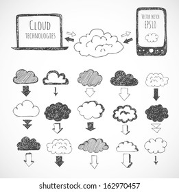 Cloud computing sketch. Icons of clouds, phone, laptop and arrows. Hand-drawn with ink. Vector sketch illustration.