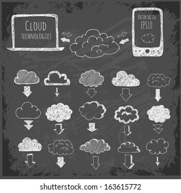 Cloud computing sketch. Icons of clouds, phone, laptop and arrows. Hand-drawn on blackboard. Vector sketch illustration. 