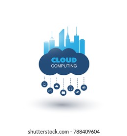 Cloud Computing, Smart City Design Concept with Icons Representing Various Kinds Of Media Types and Services - Digital Network Connections, Technology Background