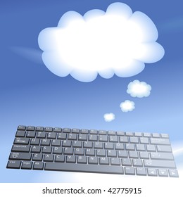 Cloud computing speech bubble clouds rise into a blue sky from a laptop computer keyboard.