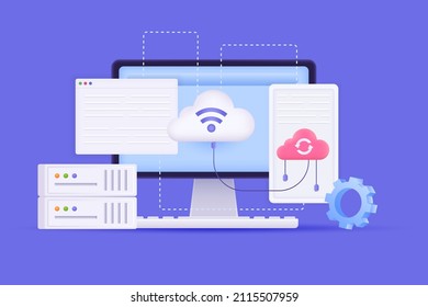 Cloud computing and storage concept 3D illustration. Icon composition with computer screen, files upload and processing, settings servers and data center. Vector illustration for modern web design