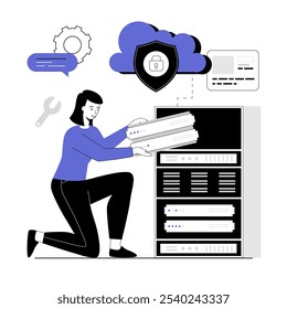 Computação em nuvem, conceito de armazenamento. Engenheiro de manutenção de sistema de banco de dados em nuvem, administração de plataforma de hospedagem, computação de data center. Ilustração vetorial com pessoas de linha para web design.	
