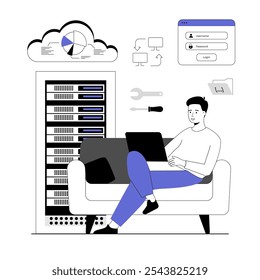 Computação em nuvem, conceito de armazenamento. Serviço de Internet para backup de dados digitais. Baixar, carregar informações, arquivos no servidor. Ilustração vetorial com pessoas de linha para web design.	