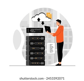 Cloud computing, storage concept. Man developer working at laptop, coding and programming using wireless cloud technology. Illustration with people scene in flat design for website and mobile develop