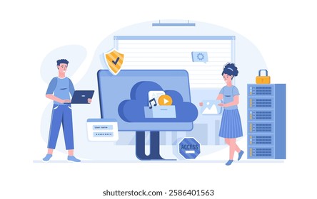 Cloud computing, storage concept. Technology file upload, backup on cloud server. Vector illustration with characters in flat design for web banner.	
