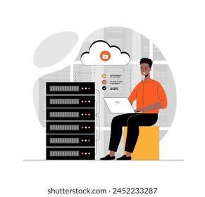 Cloud computing, storage concept. Web hosting, online database, data center, server. Illustration with people scene in flat design for website and mobile development.	
