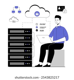 Computação em nuvem, conceito de armazenamento. Hospedagem na Web, banco de dados online, data center, servidor. Ilustração vetorial com pessoas de linha para web design.	
