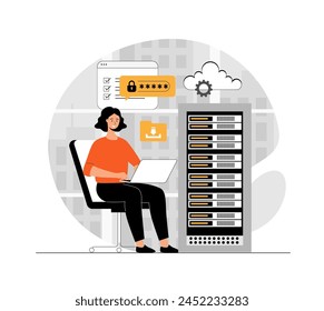Cloud computing, storage concept. Wireless secure connection, storage and processing, personal data protection. Illustration with people scene in flat design for website and mobile development.