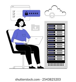 Cloud computing, storage concept. Wireless secure connection, storage and processing, personal data protection. Vector illustration with line people for web design.