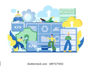 Cloud computing, cloud storage, data center security concept vector  illustration. Tiny people programmers work in a team to ensure database security. 