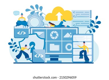 Cloud computing, cloud storage, data center security concept vector illustration. Tiny people programmers work in a team to ensure database security. 