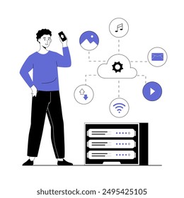 Cloud computing and cloud storage. Data infrastructure service, database security. Man organize information on server. Vector illustration with line people for web design.	