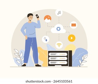 Cloud computing and cloud storage. Data infrastructure service, database security. Man organize information on server. Flat vector illustration.	
