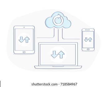 Cloud computing, storage, data syncing across devices. Service exchange or data processing, network of devices. Flat outline icon concept, technology template.