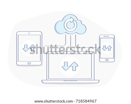 Cloud computing, storage, data syncing across devices. Service exchange or data processing, network of devices. Flat outline icon concept, technology template.