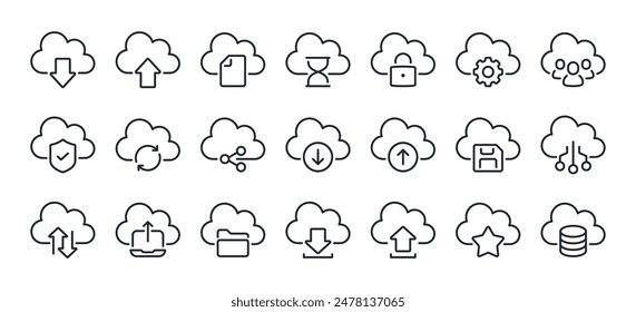 Cloud computing and storage editable stroke outline icons set isolated on white background flat vector illustration. Pixel perfect. 64 x 64