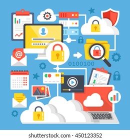 Cloud computing, cloud storage flat design concepts. Modern graphic elements and icons set for websites, web banners, printed materials, infographics. Vector illustration