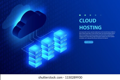 Cloud computing, storage, hosting, services, network management, data synchronization vector concept. Global swatches. Computer technology, network, database, internet center.Server racks with cloud.