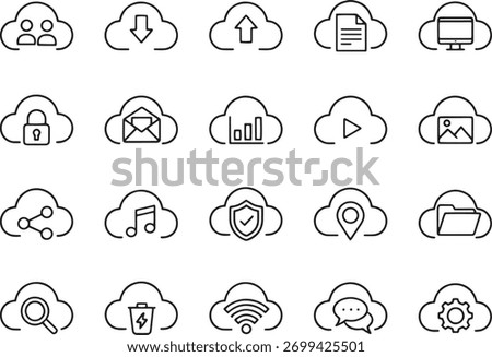 Cloud Computing and Storage Icons Set - Line Art of Cloud Services Symbols