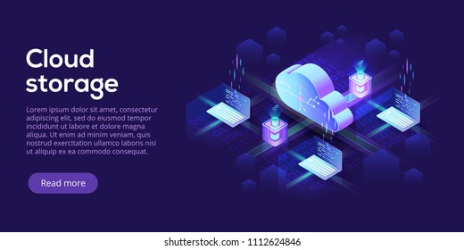 Cloud computing or storage isometric vector illustration. 3d hosting servers or datacenter background. IT network or mainframe infrastructure website header layout. Computer system or workstation.