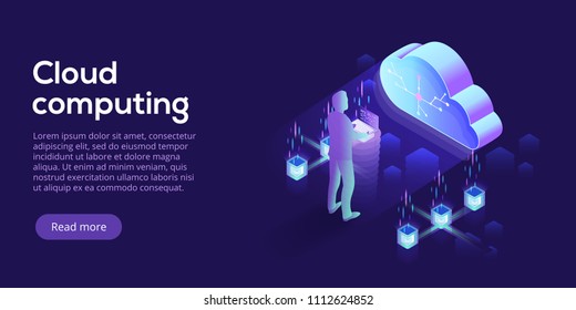 Cloud computing or storage isometric vector illustration. 3d hosting servers or datacenter background. IT network or mainframe infrastructure website header layout. Computer system or workstation.