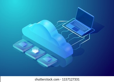 Computação em nuvem e armazenamento. Ilustração vetorial isométrica. Conceito de design abstrato. Imagem mostrando laptop, nuvem e unidades de processamento central. Hospedagem e processamento de dados.