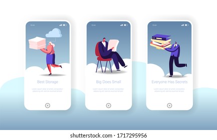 Cloud Computing Storage Mobile App Page Onboard Screen Template. Tiny People Characters Use Cyberspace Technology for Saving Information and Documents Database Concept. Cartoon Vector Illustration svg