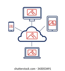 cloud computing storage for photography sharing vector linear icon and infographic | illustrations of gear and equipment for professional photographers and amateurs blue and red on white background