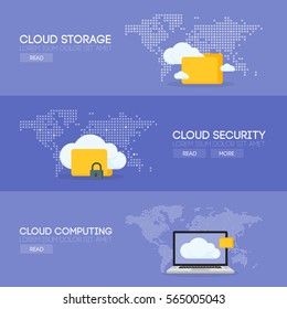 Cloud Computing Storage Service And Security Banner Concept. Vector Illustration