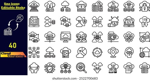 O conjunto de ícones de traçado da computação em nuvem apresenta ícones relacionados a serviços em nuvem, servidores, cibersegurança e transformação digital. Coleção de ícones de tópicos com traçado editável. Ilustração vetorial.