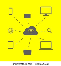 cloud computing symbol with digital devices and technology icon on yellow background. vector illustration