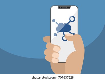 Cloud computing symbol displayed on frameless touchscreen. Hand holding modern bezel free smartphone isolated on blue background. Illustration using flat design.