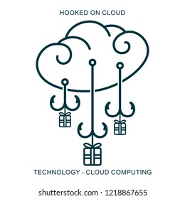 Cloud computing symbol with funny cloud fishing data packets with hooks.