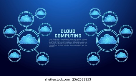 Cloud computing symbol in glowing wireframe style, illustration of internet connection and wireless server access, suitable for presentation backgrounds, banners, social media posts and websites.