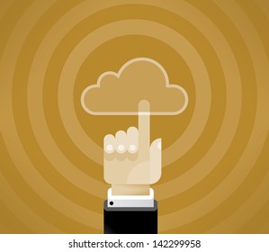 Cloud Computing symbol with touching businessman hand. Vector illustration with stylish design and vintage colors. Idea - Cloud computing technology. Enjoy!