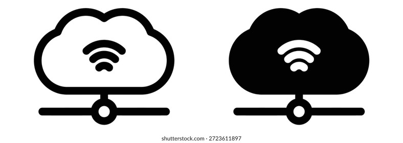 Cloud-Computing-Symbole mit WiFi-Symbolen in Schwarz-Weiß, Cloud-Symbol-Logo-Design. Wolkenzeichen und -symbol, Wolkensymbol, Vektorkontursymbol oder -grafik