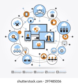 Cloud computing system. Computer, mobile phone, laptop surrounded by abstract computer network with integrated circles and icons. Communicate Infographic design background. File is saved in 10 EPS