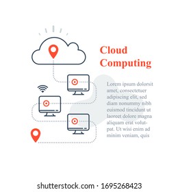 Cloud computing system, remote work access, wireless technology, computer network connection, distant administration, gather data and process, vector line icon