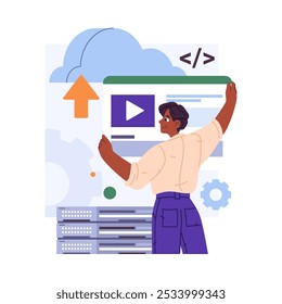 Cloud computing systems and exchange, storing and transmitting data. Vector isolated man character with screen and video, downloading documents on backup site or application for office security