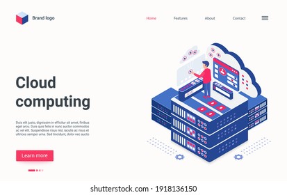 Cloud computing tech concept isometric vector illustration. Cartoon 3d admin engineer technician character working on computer or server host center, smart modern datacenter technology landing page