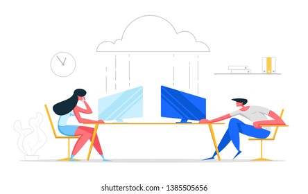 Cloud Computing Technologies Concept. Man and Woman Characters Working with Computers Using Wireless Connection Service. Media File Storage Backup. Vector illustration