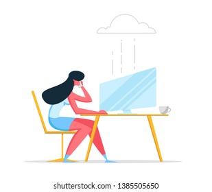 Cloud Computing Technologies Concept. Woman Character Working with Computer Using Wireless Connection Service. Media File Storage Backup. Vector illustration