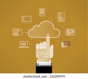 Cloud computing technologies with touching businessman hand with icons - cloud, mobile phone, document, video player, chat messages, computer, photo and e-mail. Cloud computing technologies concept. 