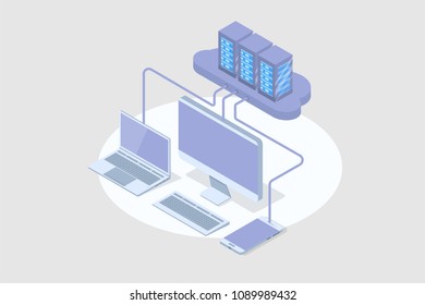 Cloud computing technology 3D isometric concept. Vector illustration.