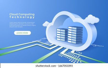 Cloud computing technology background. Digital online service. 3d cloud perspective vector illustration.