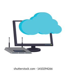 Cloud computing technology computer monitor with wifi router vector illustration graphic design