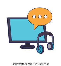 Cloud computing technology computer screen and headphones with speech bubbles vector illustration graphic design